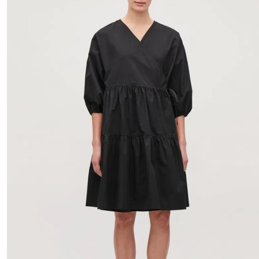 COS BLACK 3/4-SLEEVE TIERED GATHERED FAUX WRAP DRESS- Sz10- ETHEREAL LBD